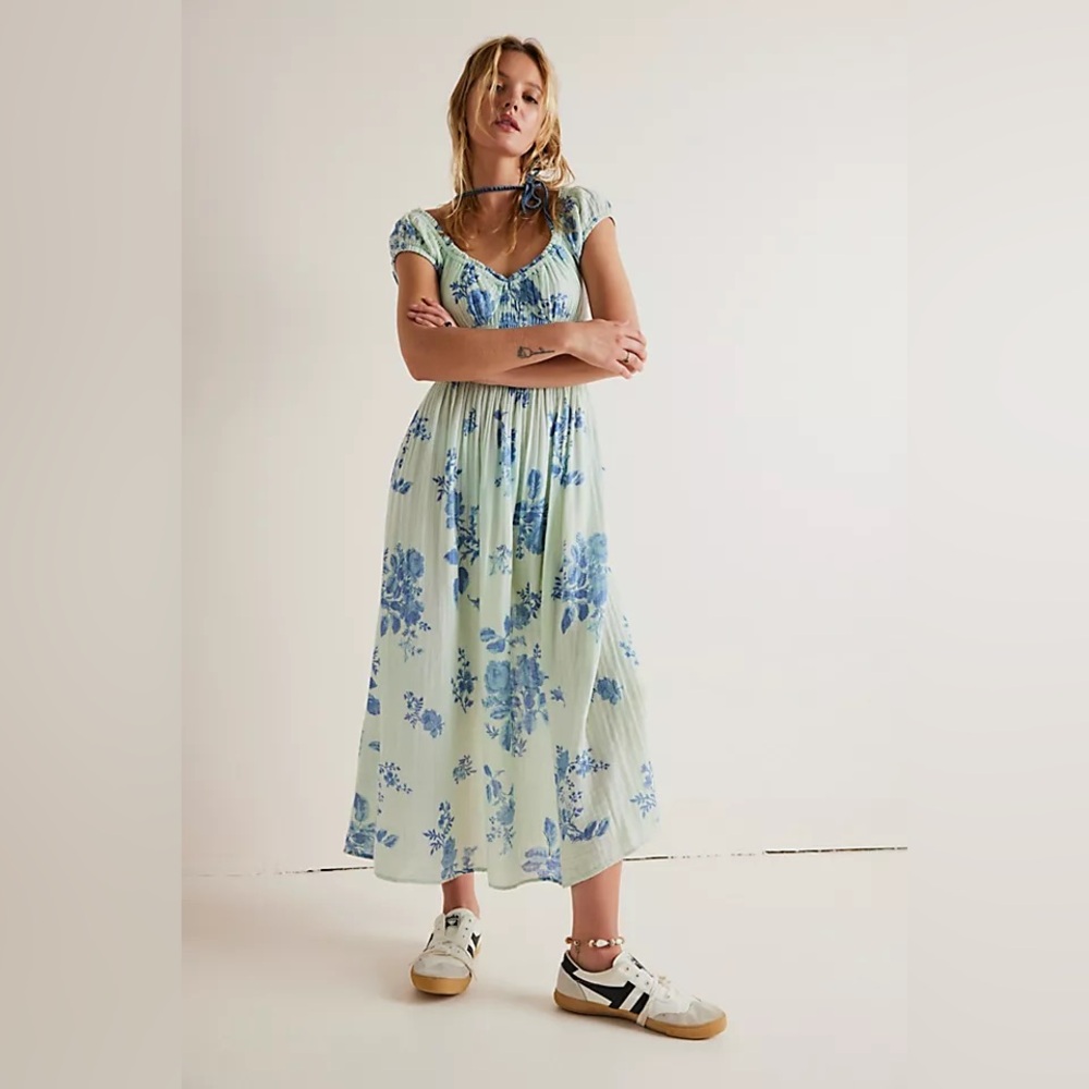 NWT Free People Forget Me Not Midi Dress in Lemon Combo Cameo Blue - Small